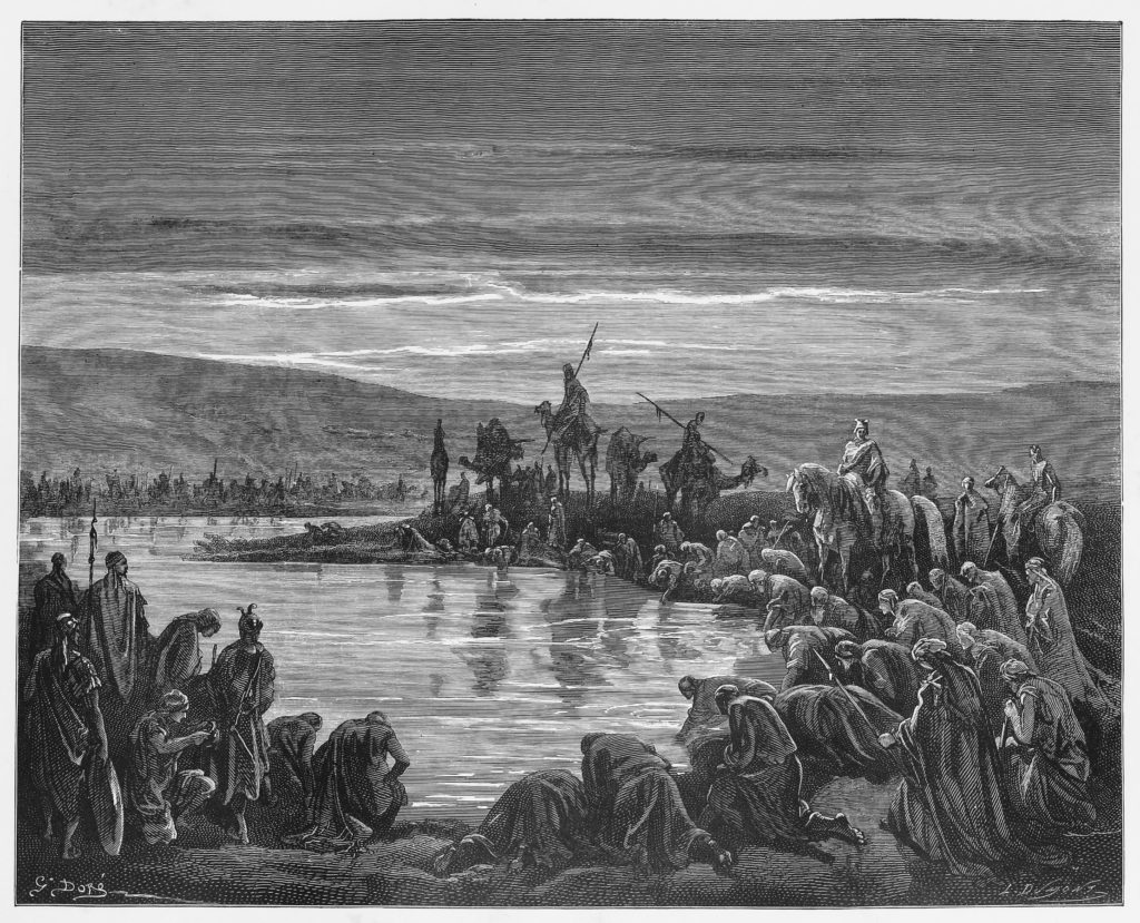 Gideon choosing his soldiers - Picture from The Holy Scriptures, Old and New Testaments books collection published in 1885, Stuttgart-Germany. Drawings by Gustave Dore.