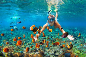 Woman snorkeling with colorful fish