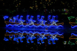 Christmas light display of blue lights rowing team