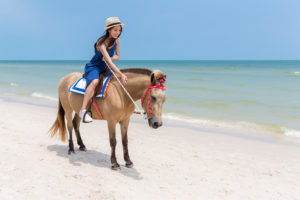 Young Woman riding horse on beautiful sand beach