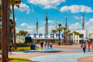 Cape Canaveral, FL, USA - April 1, 2015: Entrance to Kennedy Space Center Visitor Complex in Cape Canaveral, Florida, USA.