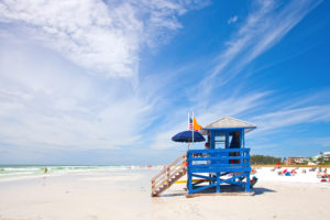 Blue lifeguard stand on Siesta Key beach