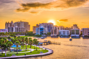 Sarasota, Florida, USA downtown skyline on the bay at sunrise.