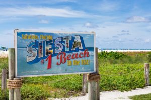 September 10. 2021. Siesta Beach Sarasota Sign on a Beach. Siesta Key, Sarasota, Florida, USA.