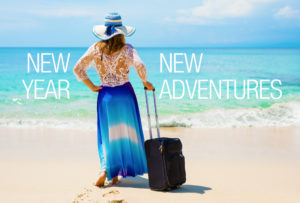 Concept of new adventures in New Year, Woman standing on beach